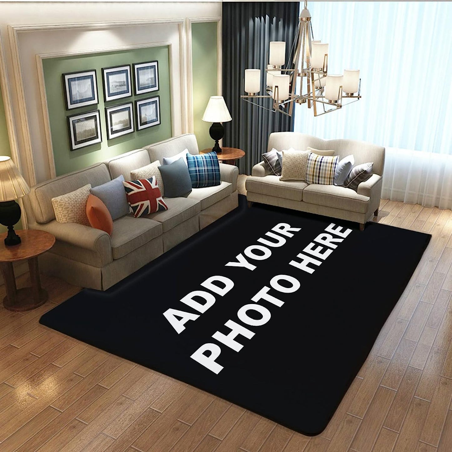 rectangular rug with "add your custom logo or photo" text