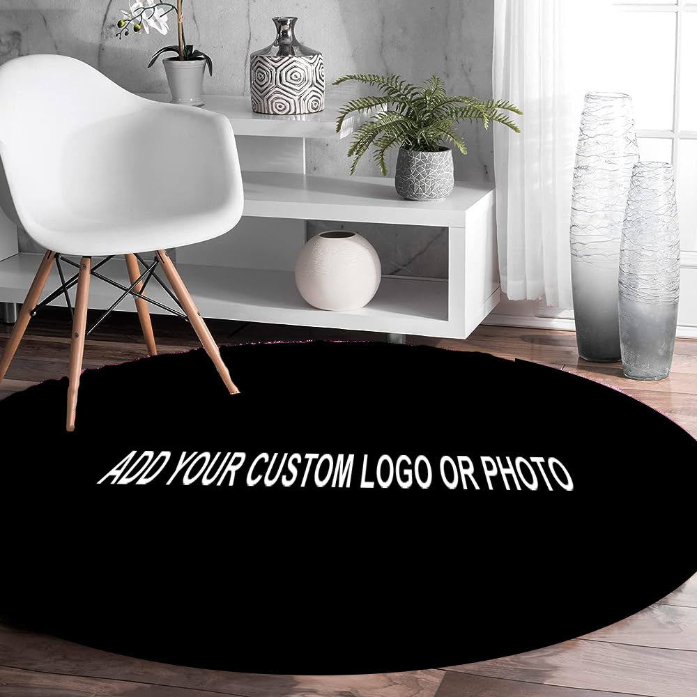 circular rug with "add your custom logo or photo" text